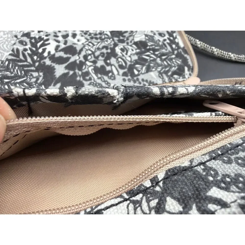 KAVU Crossbody Travel Wallet Organizer Gray Black Floral Zip Phone Passport Bag